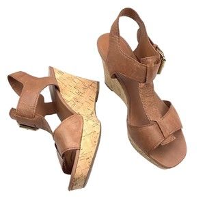 Franco Sarto Chaz Women's 8.5 M Tan Brown Leather Cork Wedge Heel Sandals Pump
